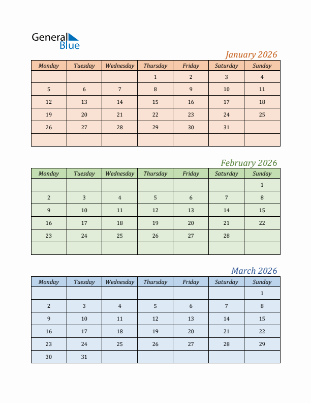 Three-Month Calendar for Year 2026 (January, February, and March)