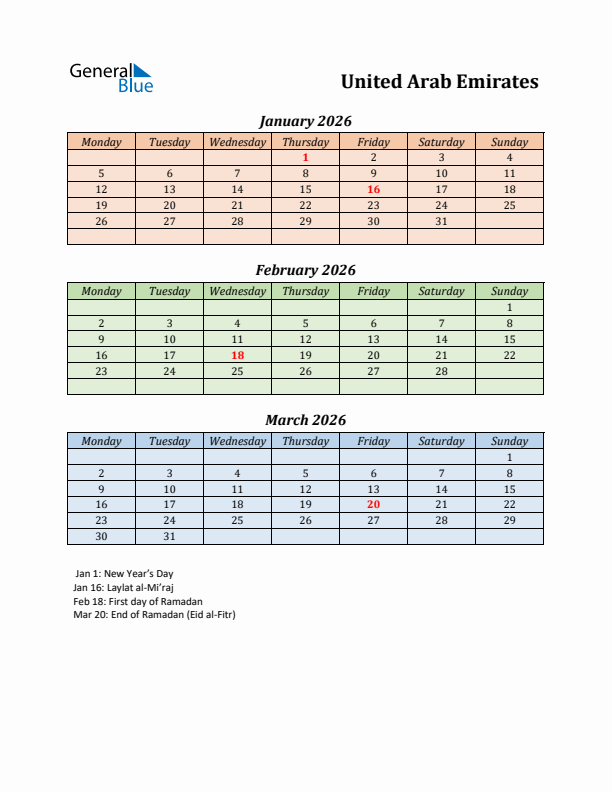 Q1 2026 Holiday Calendar - United Arab Emirates