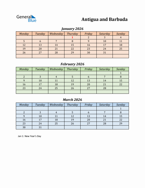 Q1 2026 Holiday Calendar - Antigua and Barbuda