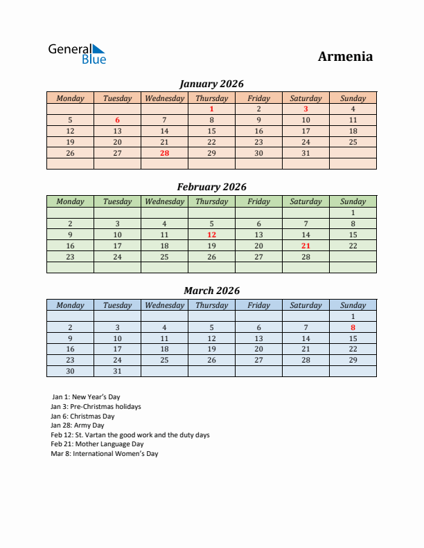 Q1 2026 Holiday Calendar - Armenia