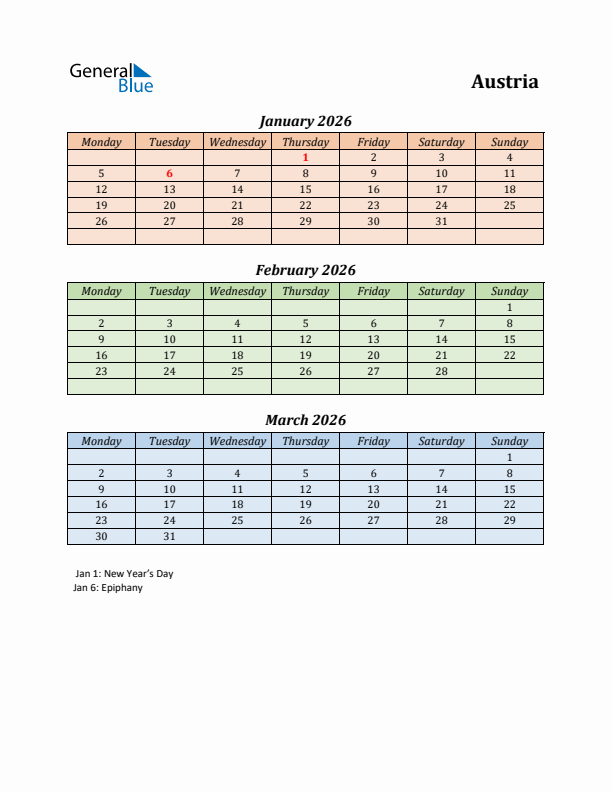 Q1 2026 Holiday Calendar - Austria