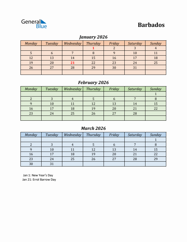 Q1 2026 Holiday Calendar - Barbados