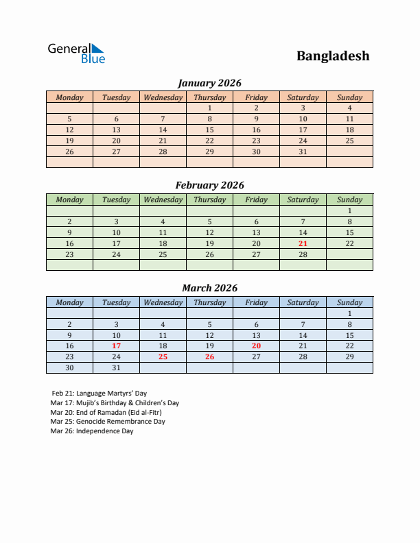 Q1 2026 Holiday Calendar - Bangladesh