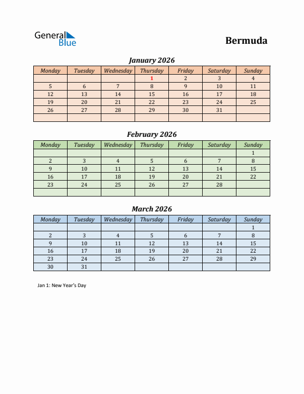 Q1 2026 Holiday Calendar - Bermuda