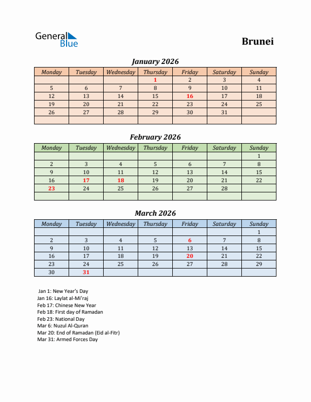 Q1 2026 Holiday Calendar - Brunei