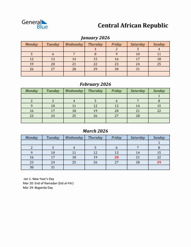 Q1 2026 Holiday Calendar - Central African Republic