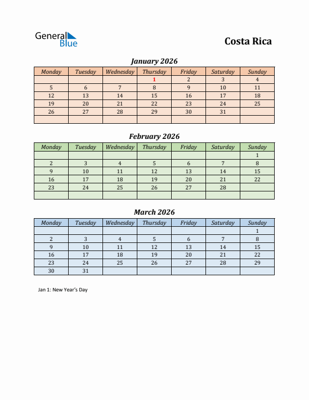 Q1 2026 Holiday Calendar - Costa Rica