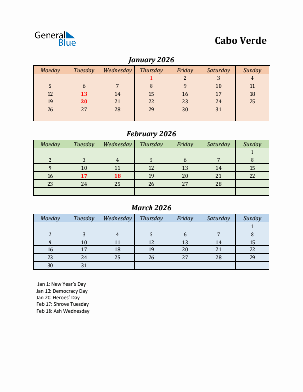 Q1 2026 Holiday Calendar - Cabo Verde