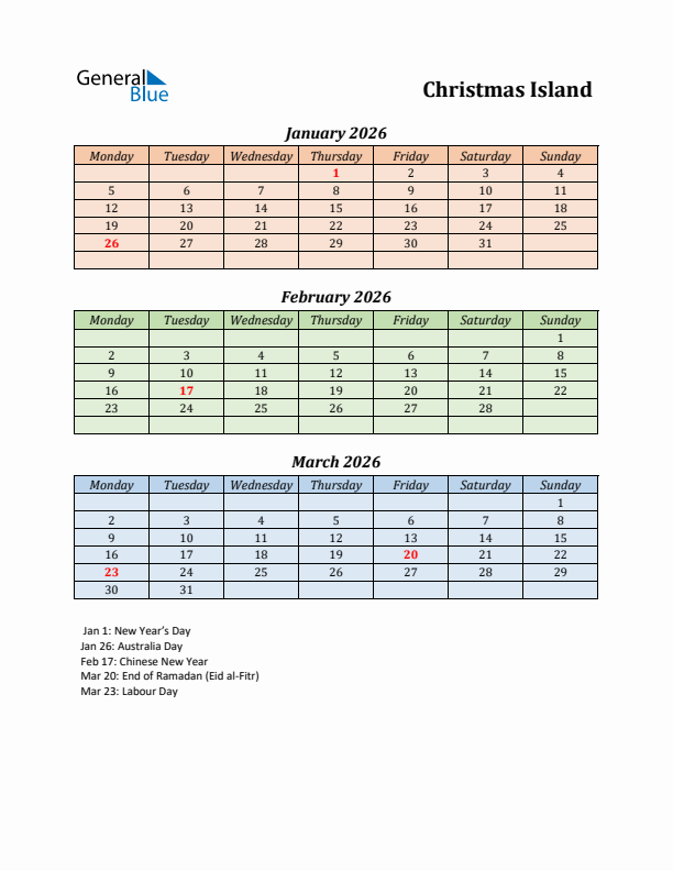 Q1 2026 Holiday Calendar - Christmas Island