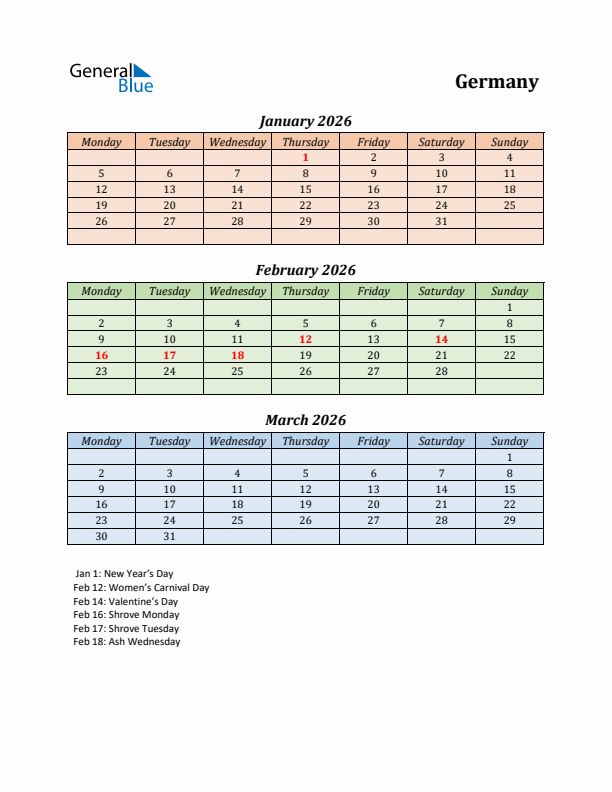 Q1 2026 Holiday Calendar - Germany