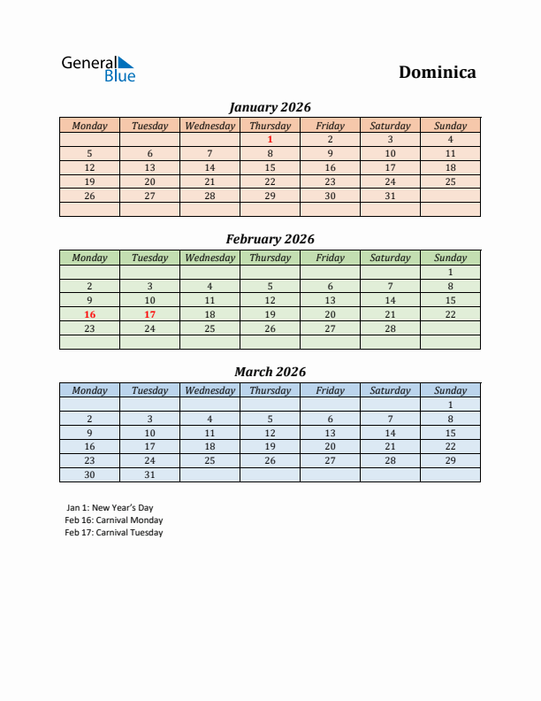 Q1 2026 Holiday Calendar - Dominica