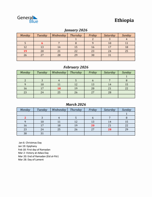 Q1 2026 Holiday Calendar - Ethiopia