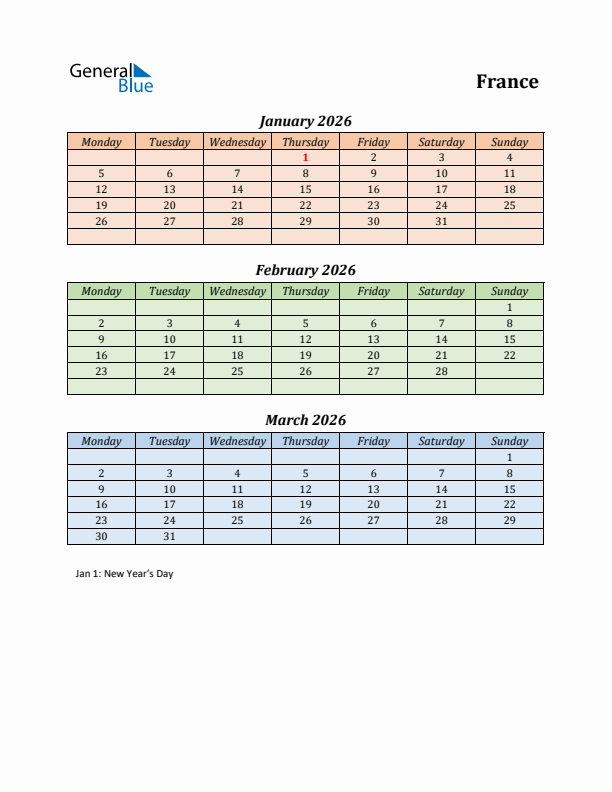 Q1 2026 Holiday Calendar - France