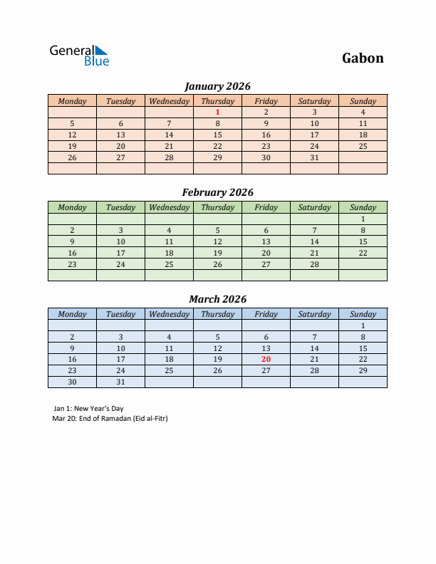 Q1 2026 Holiday Calendar - Gabon