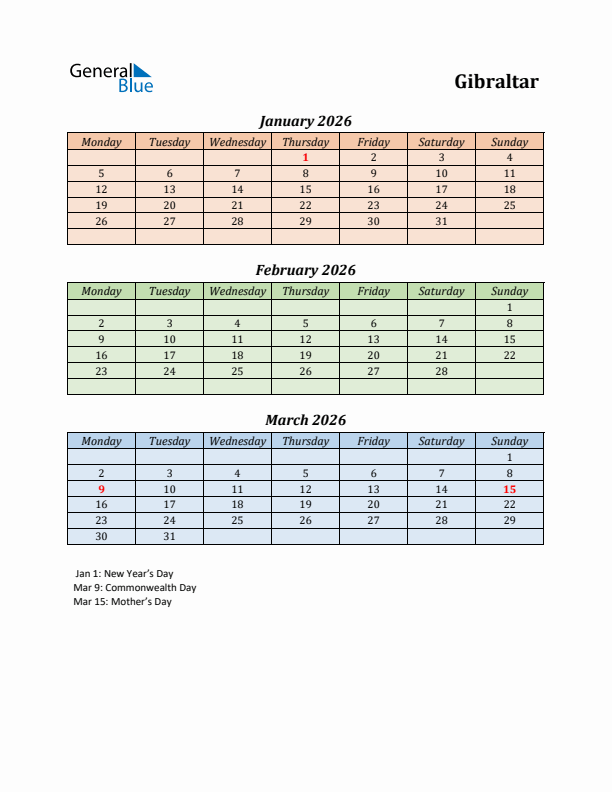 Q1 2026 Holiday Calendar - Gibraltar