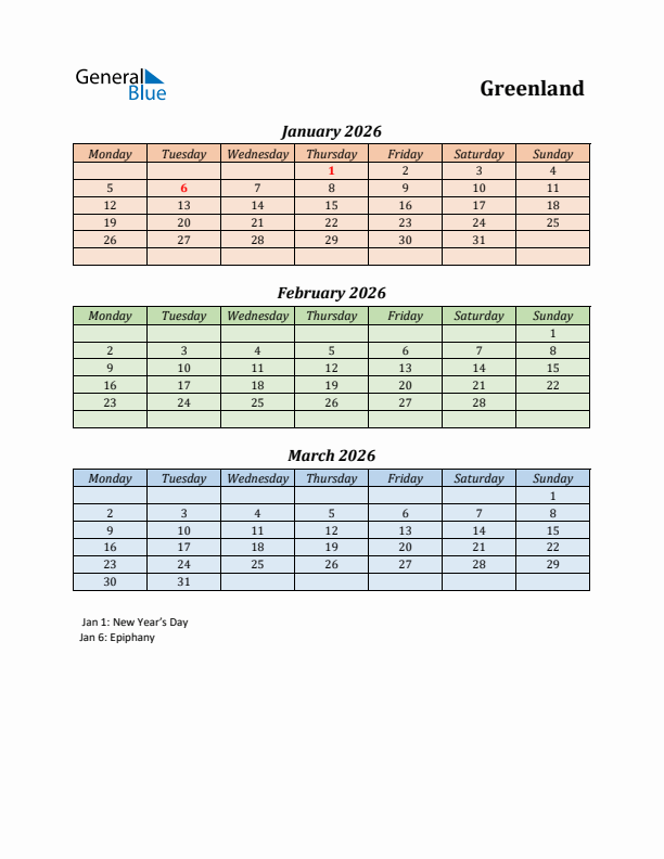 Q1 2026 Holiday Calendar - Greenland