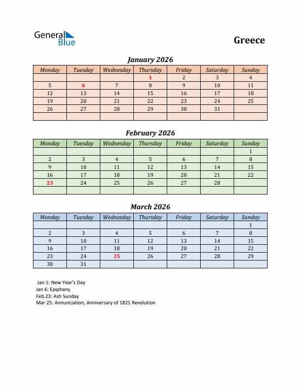 Q1 2026 Holiday Calendar - Greece