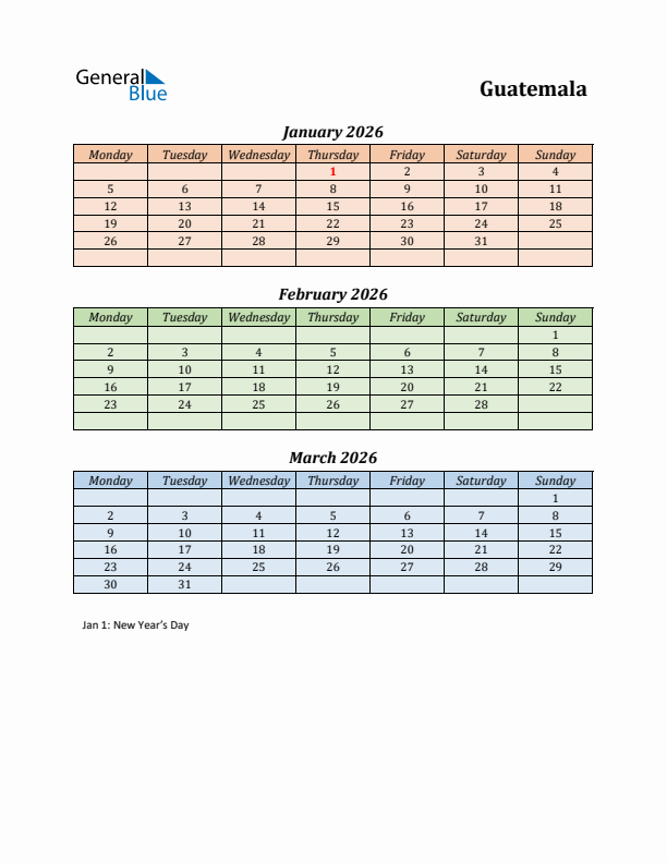 Q1 2026 Holiday Calendar - Guatemala