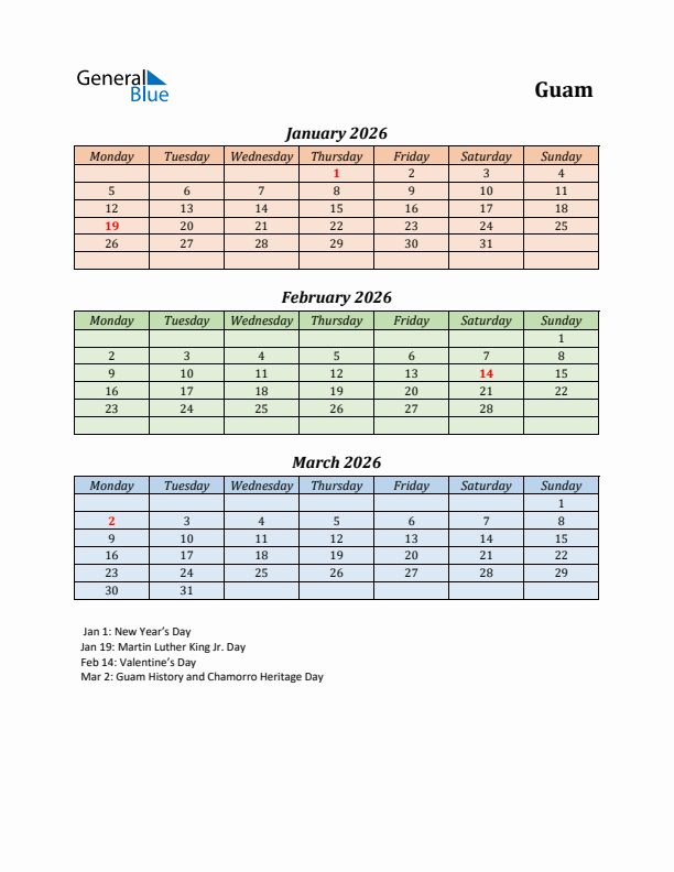 Q1 2026 Holiday Calendar - Guam