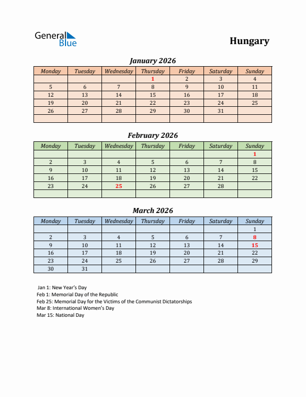 Q1 2026 Holiday Calendar - Hungary