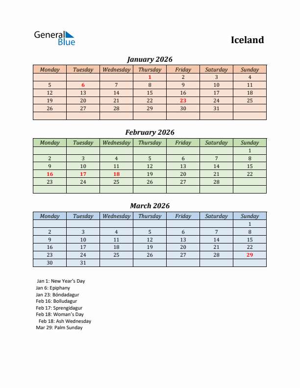 Q1 2026 Holiday Calendar - Iceland