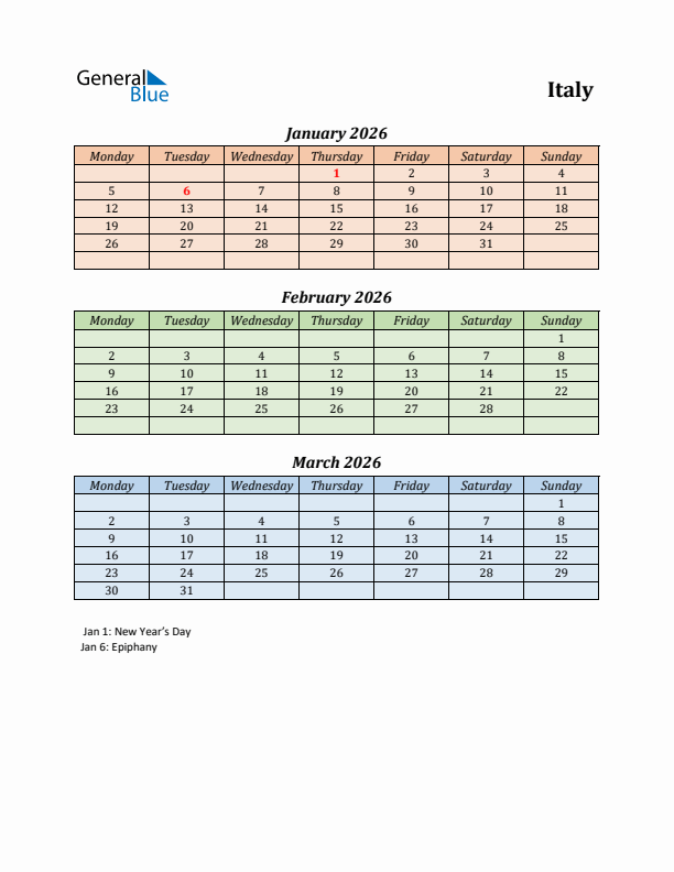 Q1 2026 Holiday Calendar - Italy