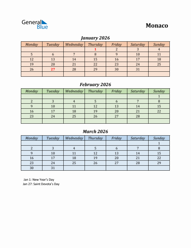 Q1 2026 Holiday Calendar - Monaco