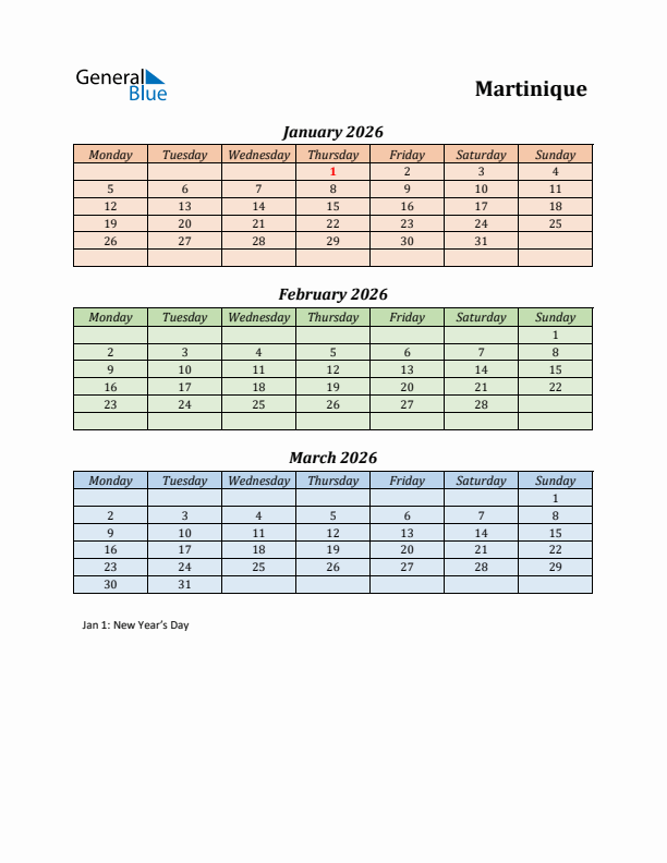 Q1 2026 Holiday Calendar - Martinique