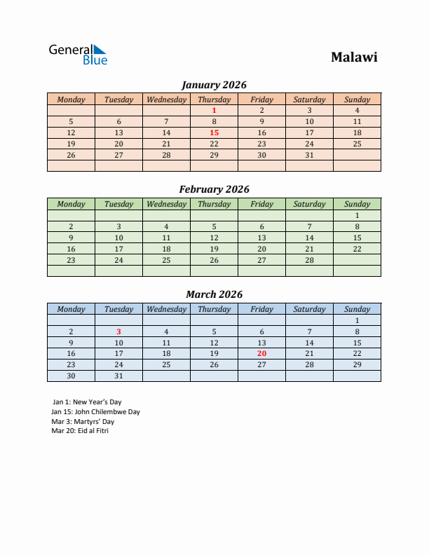 Q1 2026 Holiday Calendar - Malawi