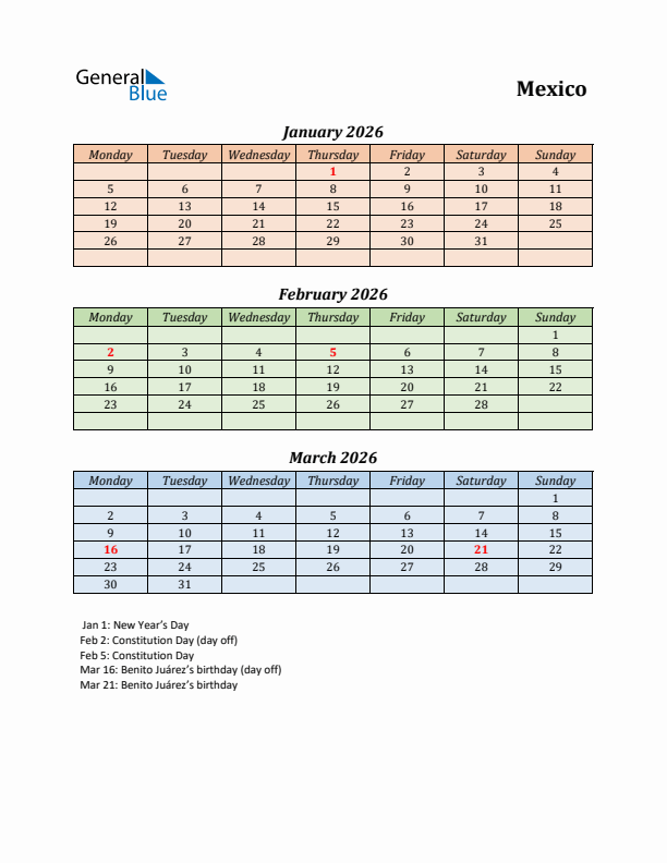 Q1 2026 Holiday Calendar - Mexico