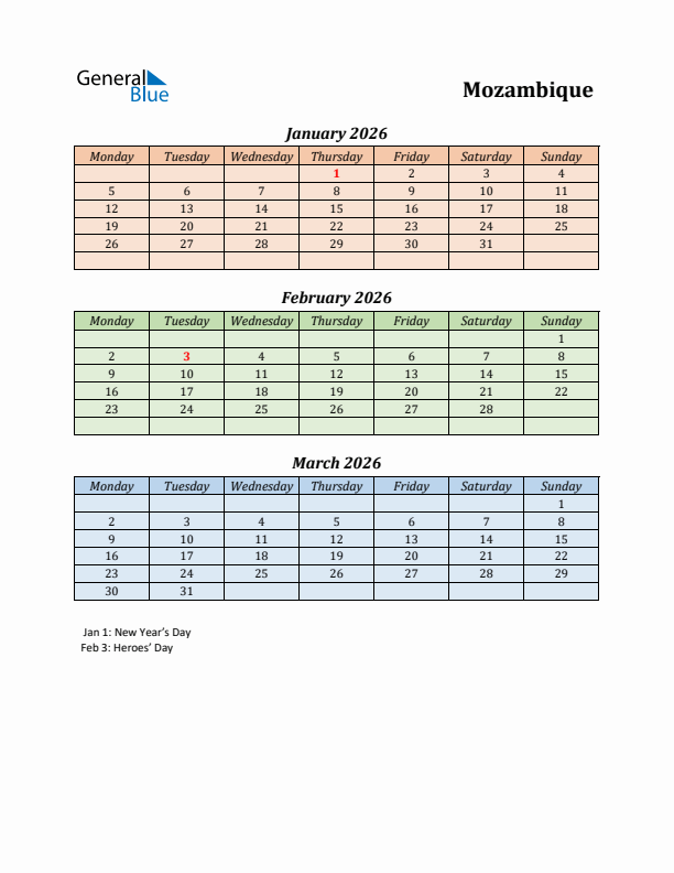 Q1 2026 Holiday Calendar - Mozambique