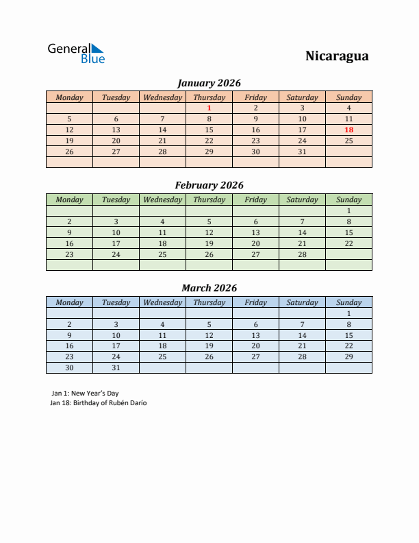 Q1 2026 Holiday Calendar - Nicaragua