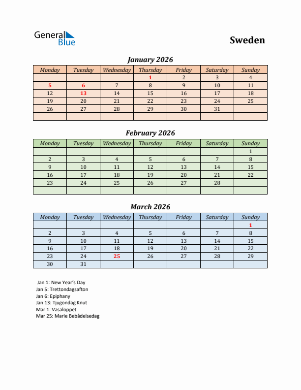 Q1 2026 Holiday Calendar - Sweden