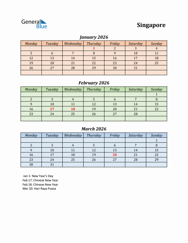 Q1 2026 Holiday Calendar - Singapore