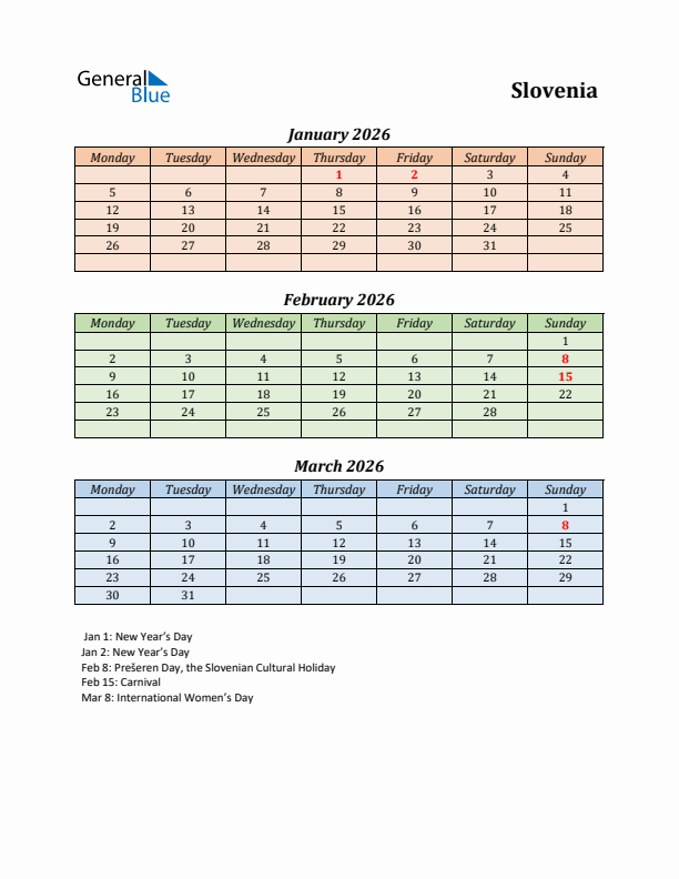 Q1 2026 Holiday Calendar - Slovenia