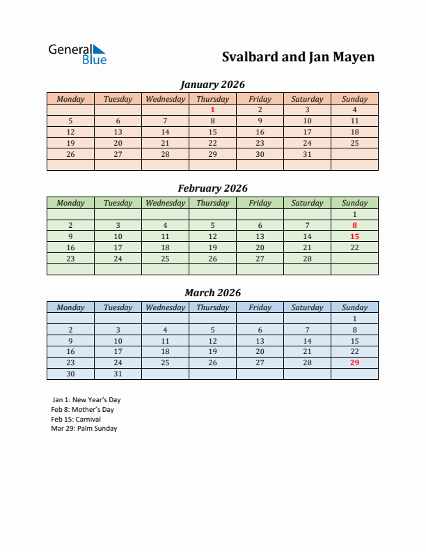 Q1 2026 Holiday Calendar - Svalbard and Jan Mayen