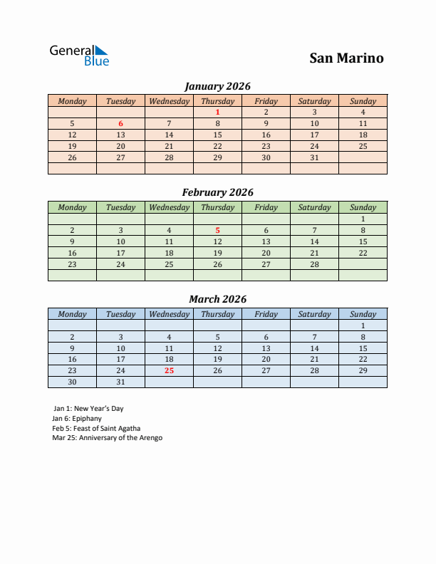 Q1 2026 Holiday Calendar - San Marino