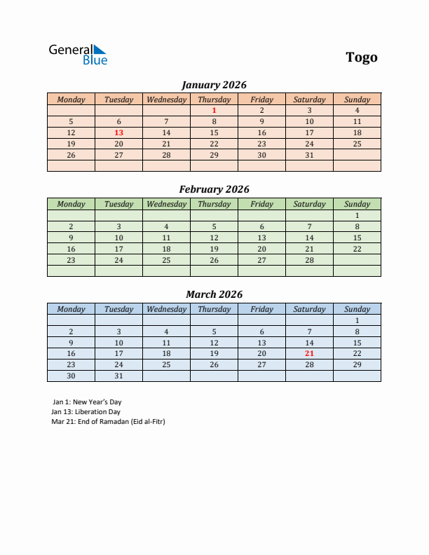 Q1 2026 Holiday Calendar - Togo