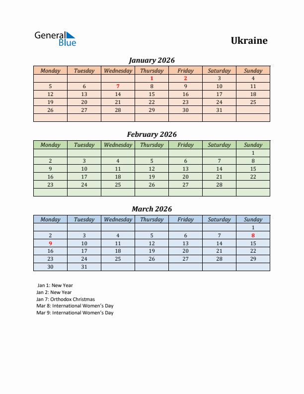 Q1 2026 Holiday Calendar - Ukraine