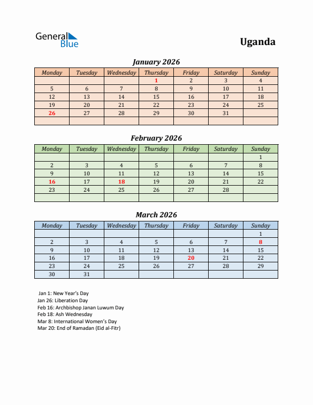 Q1 2026 Holiday Calendar - Uganda