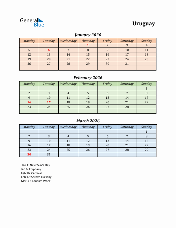 Q1 2026 Holiday Calendar - Uruguay