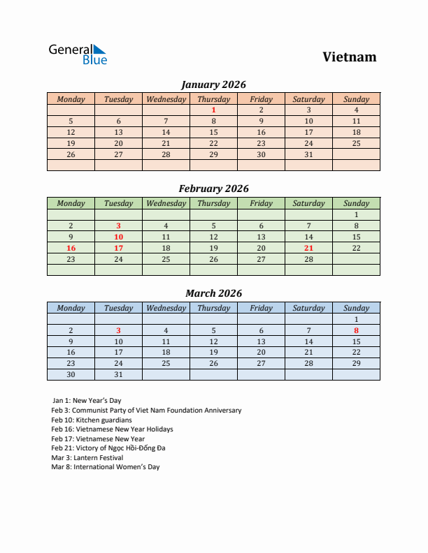 Q1 2026 Holiday Calendar - Vietnam