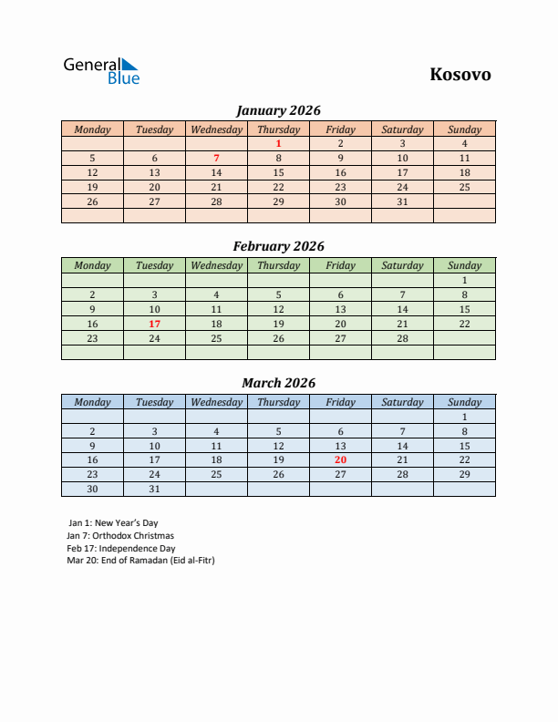 Q1 2026 Holiday Calendar - Kosovo