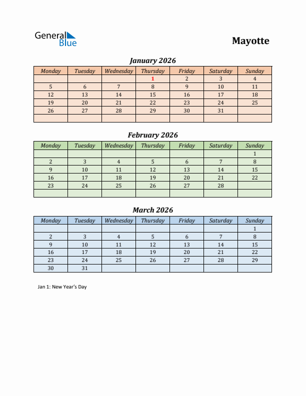 Q1 2026 Holiday Calendar - Mayotte