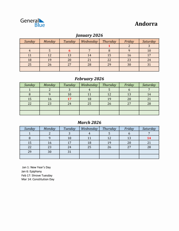 Q1 2026 Holiday Calendar - Andorra