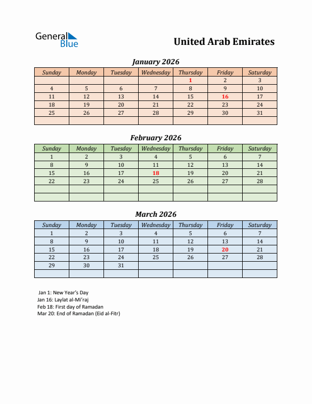 Q1 2026 Holiday Calendar - United Arab Emirates