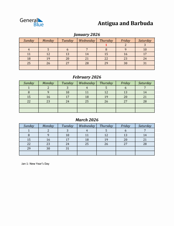 Q1 2026 Holiday Calendar - Antigua and Barbuda