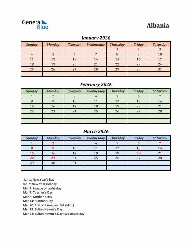 Q1 2026 Holiday Calendar - Albania