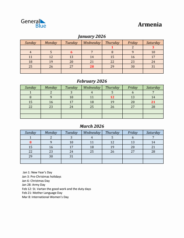 Q1 2026 Holiday Calendar - Armenia