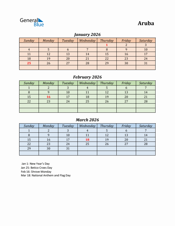 Q1 2026 Holiday Calendar - Aruba